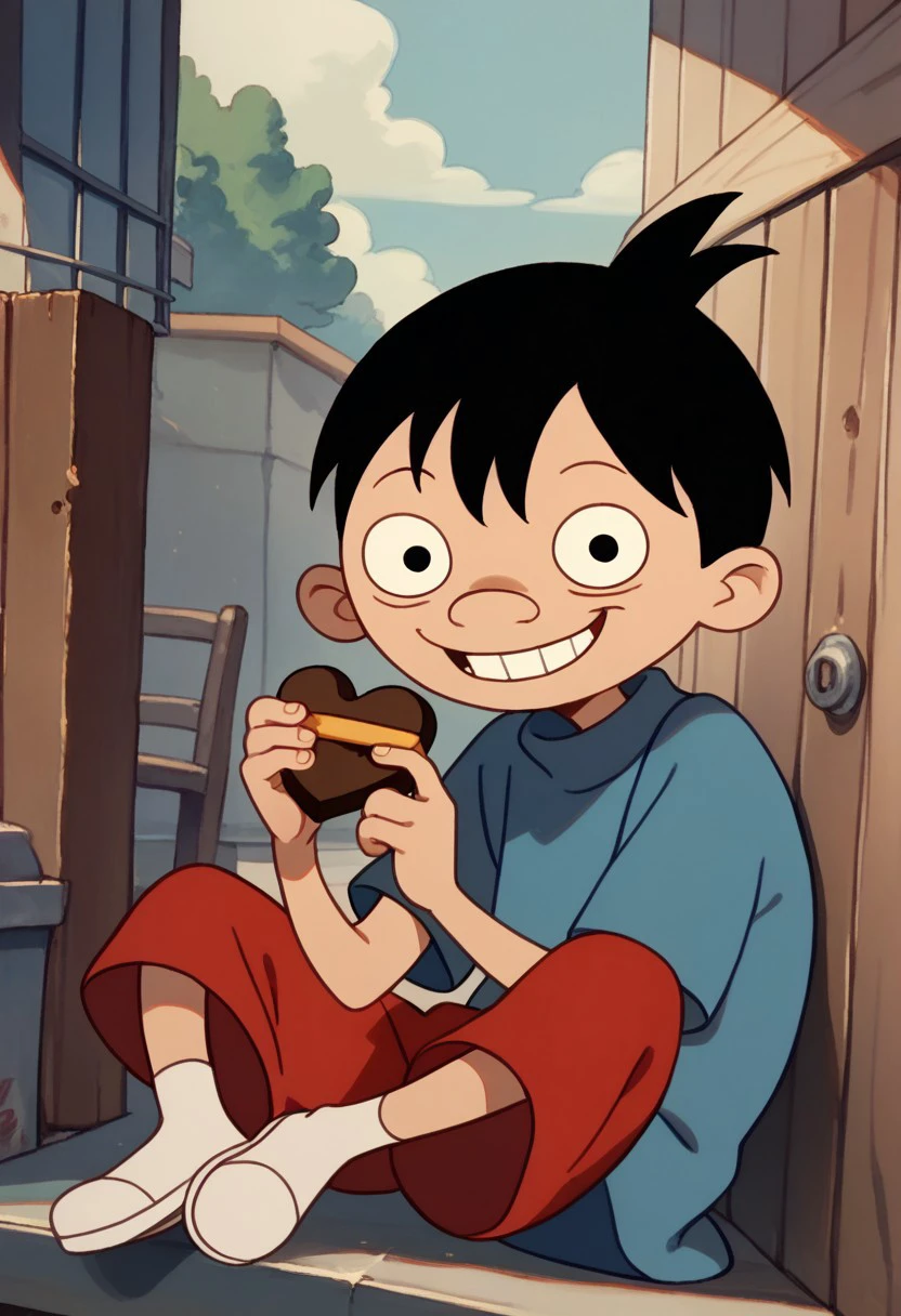 score_9, score_8_up, score_7_up BREAK ChocoboyHA, 1boy, black hair, black eyes, blue shirt, red shorts, white shoes, holding chocolates, smiling at viewer,