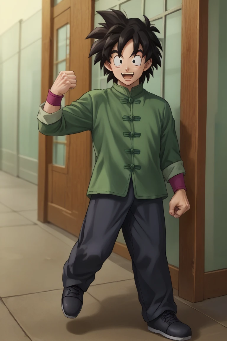 score_9, score_8_up, score_7_up, score_6_up, zPDXL2, detailed, intricate details,cowboy shot,best quality ,source_anime, male focus,
goten_super, black hair, black eyes, chinese clothes, green shirt, male focus, open mouth, smile, 1boy, clenched hand, pants, full body, happy, shoes, spiked hair, black footwear, :d, looking at viewer, teeth, sneakers, standing, wristband, standing on one leg, shirt, leg up<lora:EMS-414483-EMS:1.000000>