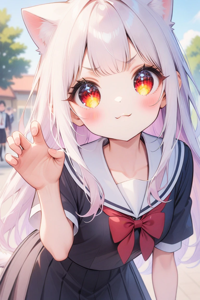 (:3\(cat mouth\)),angry,white hair,red eyes,black school uniform,outdoor,school,jump,1girl,long hair,closed mouth,leaning forward,close up,pet pose,hand up