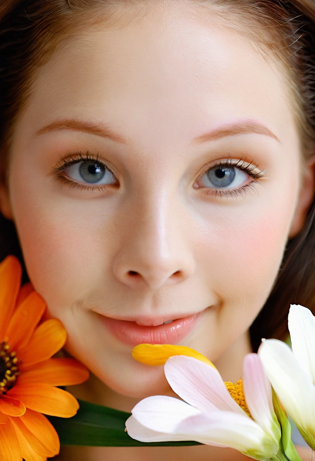 <lora:MoCGiannaMichaels_SDXL_v1.0.DORA:1>
Capture a whimsical 35mm film shot perfect for a natural beauty magazine cover. Focus on a MoCGiannaMichaels woman with a fresh face and a soft smile. A single, vibrant flower is tucked behind her ear, complementing her natural beauty. Maintain a high-resolution image to capture the texture of her flawless skin and the delicate details of the flower. Utilize a soft, diffused light source that illuminates her face with a natural glow. Her gaze is soft and inviting, radiating pure beauty and innocence.