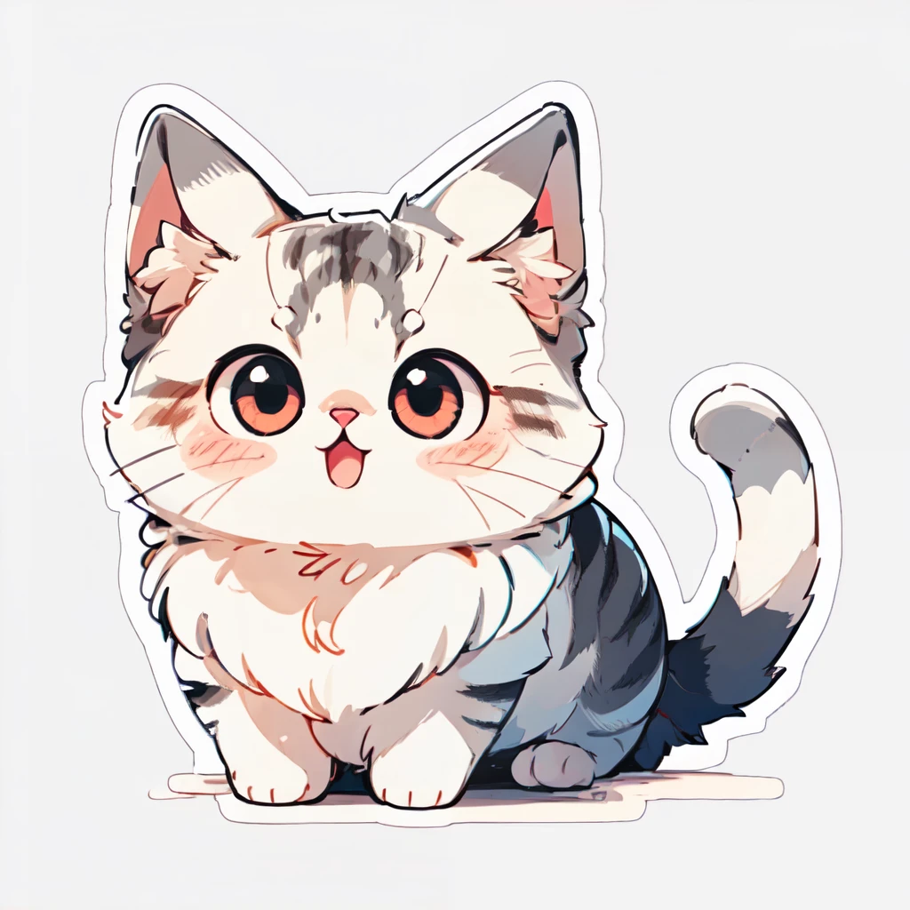 <lora:Kawaii:0.8>, solo, looking at viewer, blush, simple background, full body, grey background, no humans, animal, cat, :<, outline, triangle mouth, white outline, animal focus, whiskers, fluffy, round cat,