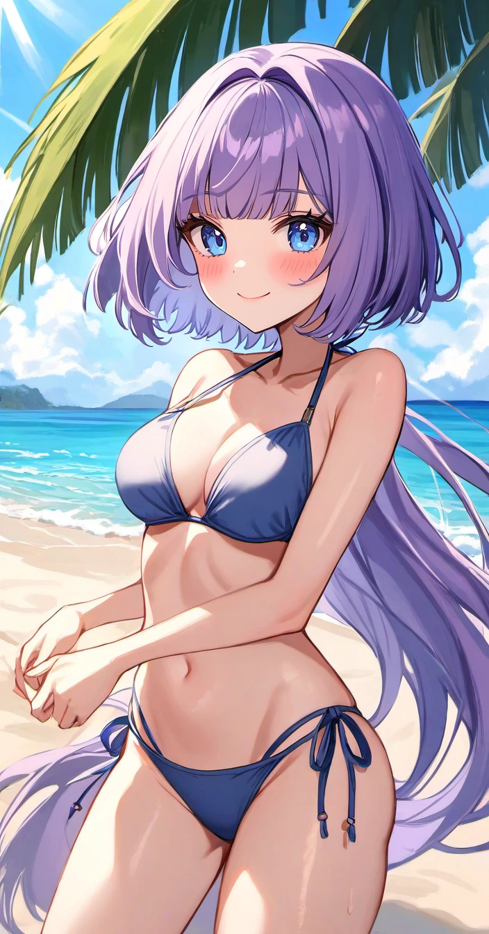 <lora:kuragecut_v1:1> ,kuragecut,1girl,solo,long_hair,very long hair,outdoors,sunny,day,beach,standing,cowboy shot, blush,smile,bangs,breasts,medium_breasts,purple hair,,blue eyes,bikini,side-tie bikini bottom, looking at viewer,bob cut,hair intakes,from behind