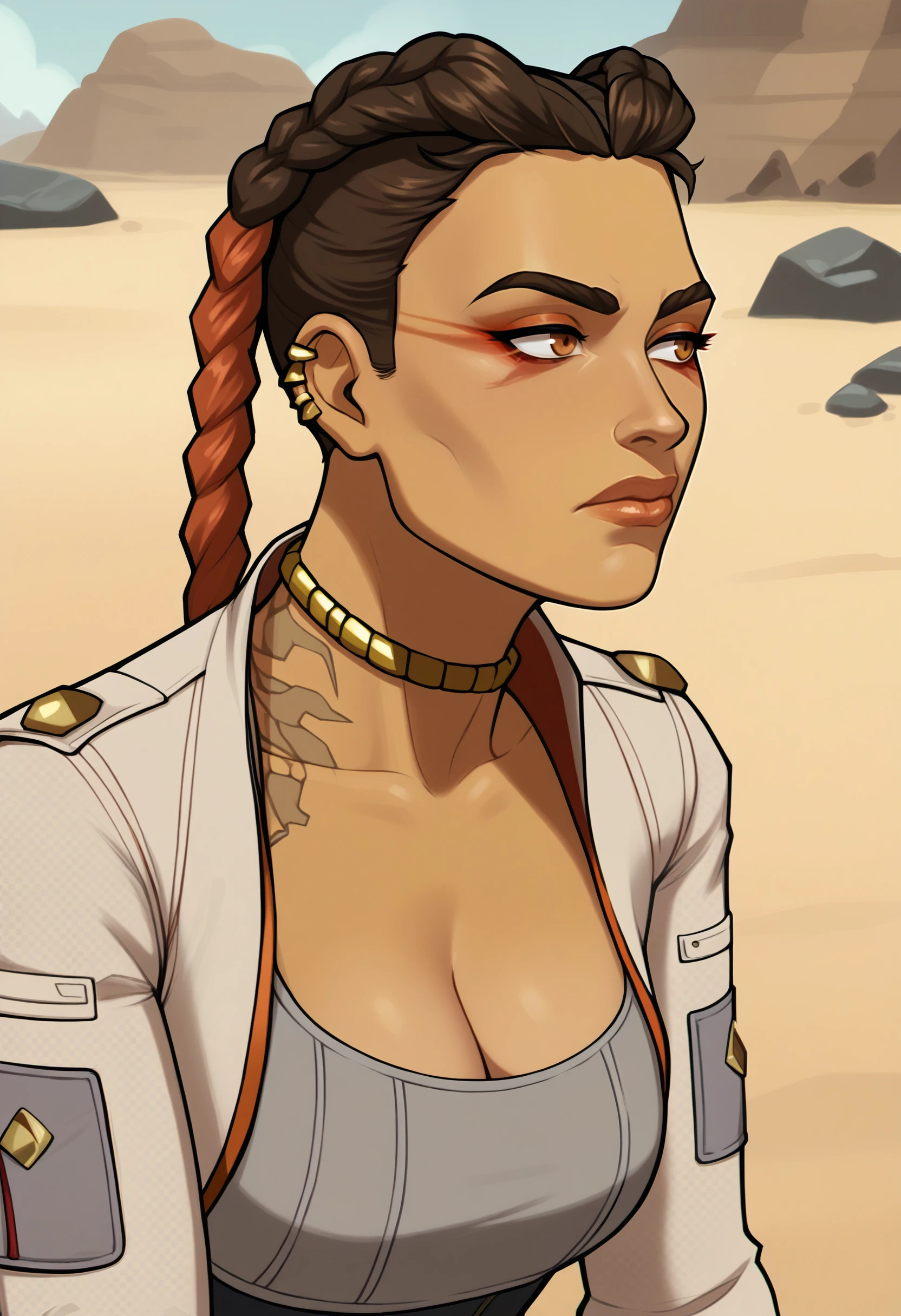score_9, score_7_up <lora:mrpotatoparty-guy-PONY-DORAv101:1>, 1girl, solo, loba \(apex legends\), portrait, necklace, cleavage, kings canyon, looking to the side, sand, rock,