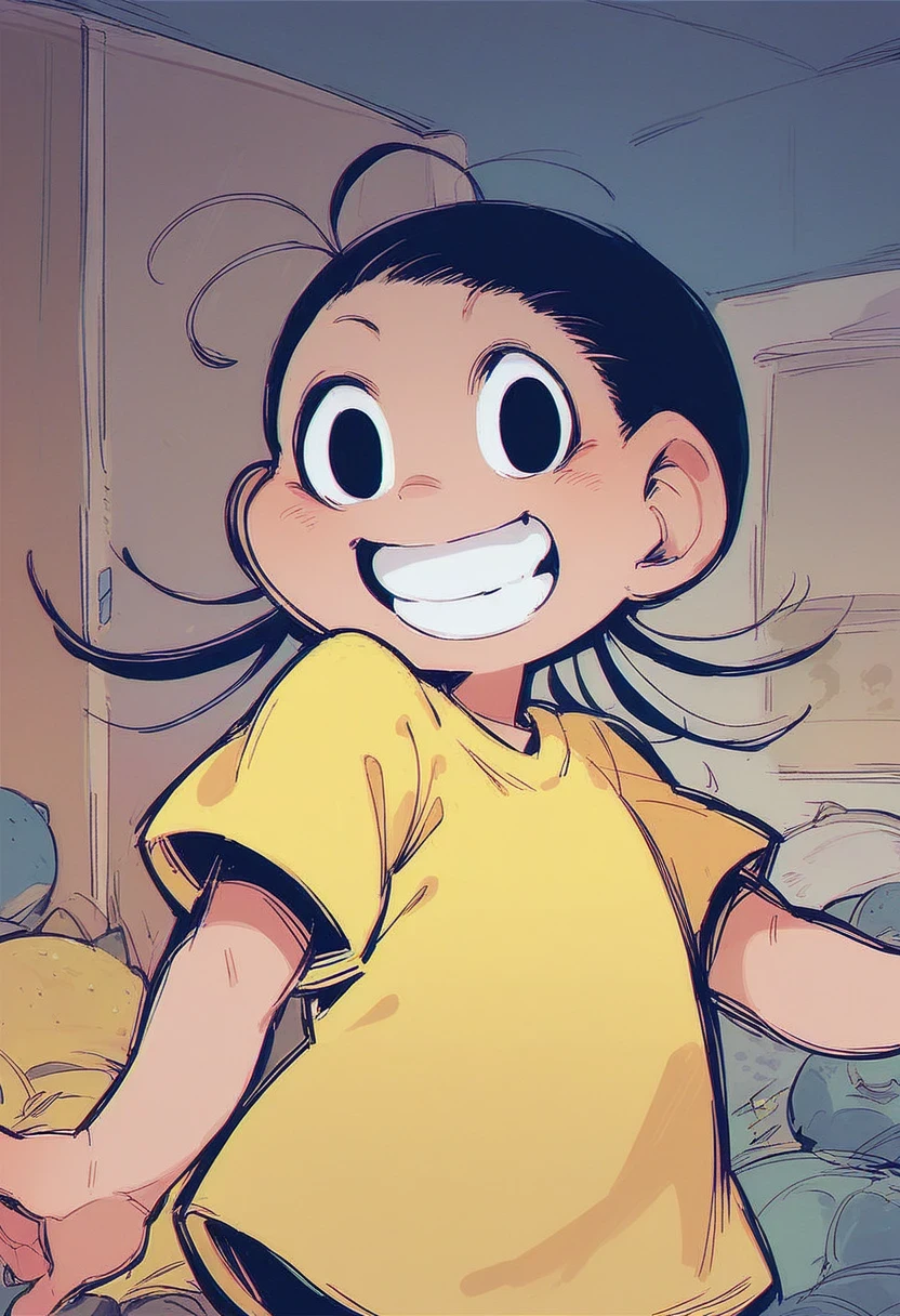 magali, solo, looking at viewer, smile, shirt, black hair, 1girl, standing, short sleeves, female focus,teeth, indoors, grin, black eyes, t-shirt, yellow shirt