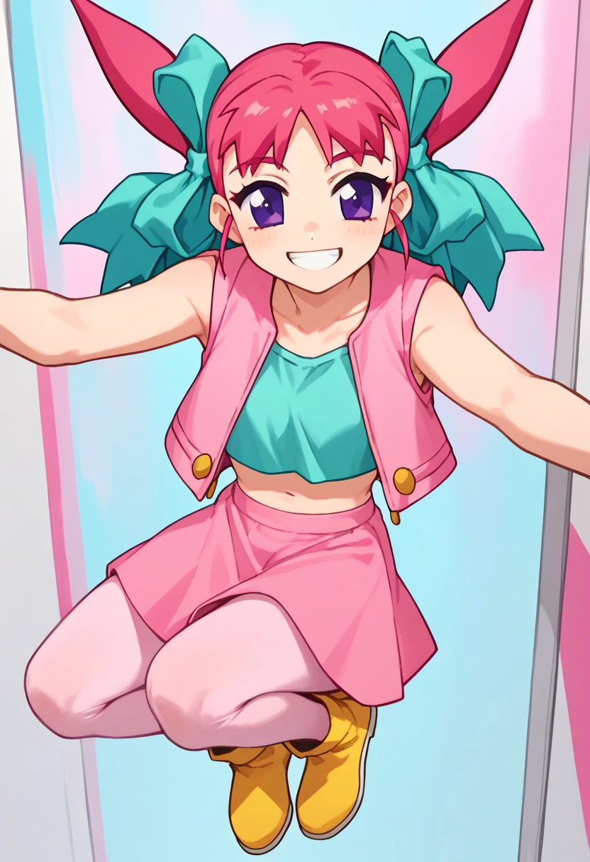 score_9, score_8_up, score_7_up BREAK MoroKoni, 1girl, pink hair, purple eyes, cyan bows, sleeveless open pink jacket, cyan shirt, midriff, bellybutton, pink skirt, pale pink pantyhose, yellow boots, full body, smiling for viewer,