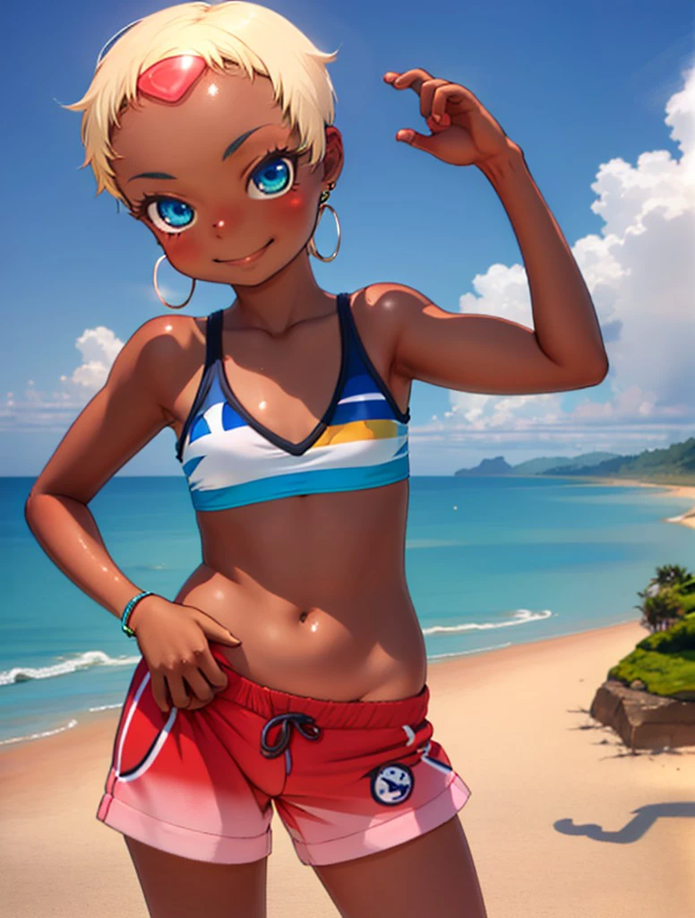 1girl, chubby, standing, smile, happy, shameless, sea, (hand on hip:1.4), tsurime, happy, having fun, sand, coast, <lora:torpedobreastsv:0.2>, cute, island, (smug:0.6), (dominant smile:0.6), side, open air, cloud, (solo:1.4), summer, portrait, landscape, having fun, (beach:1.4), horizon, (cute:1.4), ChatEternia, gem attached on forehead, Tri-oval shaped gem, elara, very short hair, short hair, pixie cut, buzz cut, blonde hair, dark skinned, brown skin, small breasts, flat chest, tomboy, blue eyes, aqua eyes, hoop earrings, Jewelry, ancient natural ruins, tropical, adventurer, dolphin shorts, tank top, talled,, <lora:Fat:0.6>, <lora:da9a8a04-2ae8-4fc9-9758-a4ae0d98754c:0.4>, <lora:jkBigAssSlimWaistPAWGv01:0.1>, <lora:0fdb1eda-7961-4da6-ae46-524b879a03ec:0.7>, <lora:93b6df56-8a31-4c9c-97ad-826522c713c2:0.6>