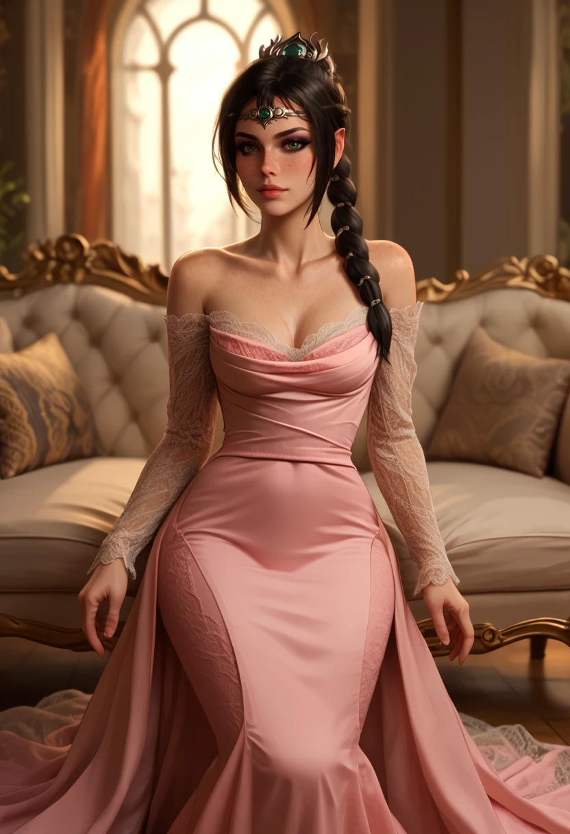 score_9, score_8_up, score_7_up, score_6_up, beautiful mature woman, solo,  dr3ss,  long pink dress, off shoulder, detached lace sleeves, fitted bodice, floor-length, elegant, form-fitting, bridal gown
 sitting couch (mouth apart, breath visible) eyeliner, eyeshadow, makeup, (freckles)  <lora:Outfit_soph-ElegantLaceDress-PDXL:1> 
 <lora:Char_bg3-ShadowHeart-PDXL:0.6> shadowheart, black hair, braided ponytail, green eyes, circlet