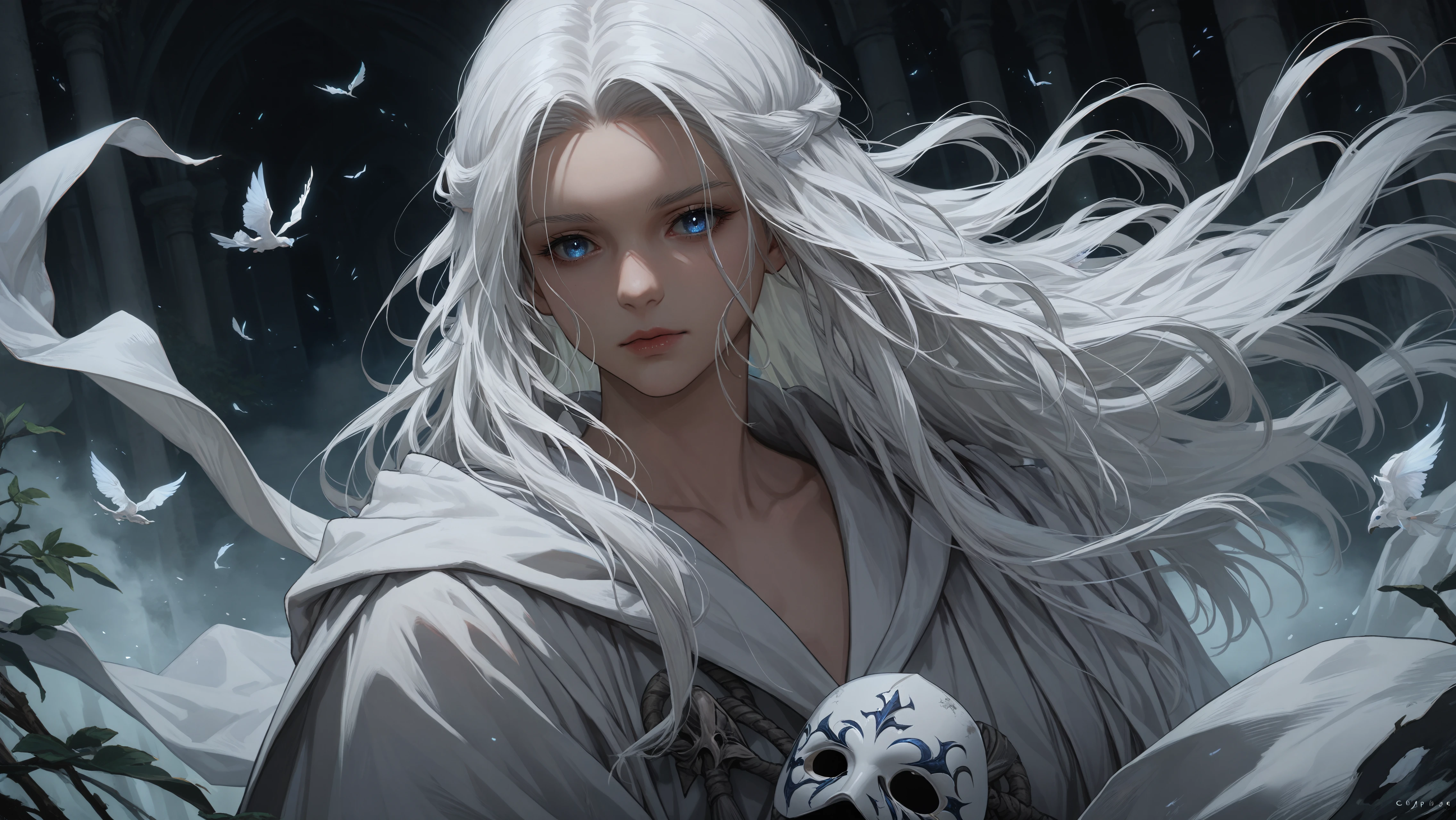 <lora:Venat_FF14:0.8>1girl, long hair, white hair, blue eyes, white robe, mask removed