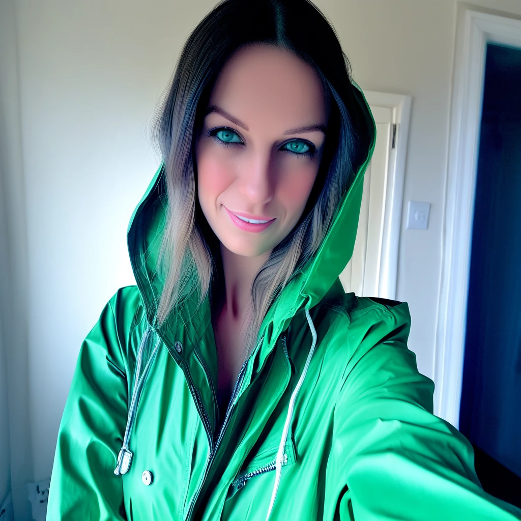 selfie in a green raincoat
