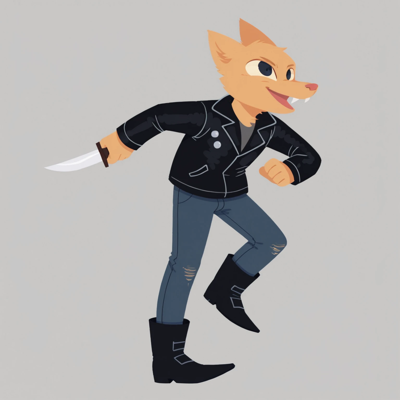 score_9, score_8_up <lora:GreggLee:0.8> gregglee, male, solo, leather jacket, shirt, jeans, boots, standing, stabbing with knife, leaning forward, jumping in the air, simple background