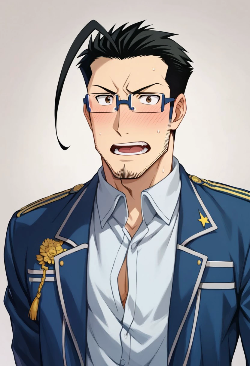 score_9, score_8_up, score_7_up, score_6_up, perfect anatomy, perfect proportions, best quality, masterpiece, high_resolution, high quality, solo male, Maes Hughes, black hair, ahoge, brown eyes, sideburns, facial hair, chinstrap stubble, jawline stubble, rectangular glasses, b(Amestrian State Military uniform \(Fullmetal Alchemist\)), (blue jacket, closed jacket, buttoned up jacket:1.4), adult, mature, masculine, manly, handsome, charming, alluring, (full face blush), embarrassed, surprised, open mouth, sweat drop, portrait, headshot, look at viewer