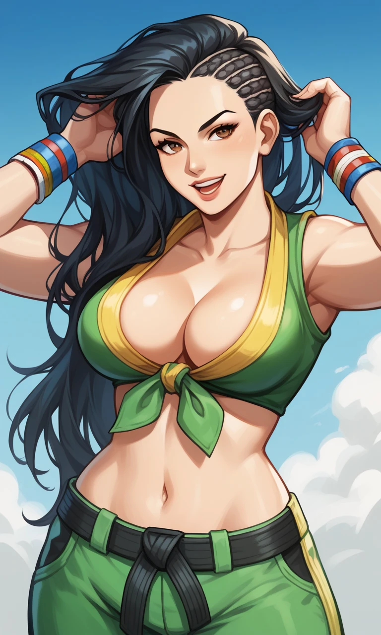 score_9, score_8_up, score_7_up, score_6_up, source_anime, BREAK masterpiece, LauraSF, asymmetrical hair, cornrows, long hair, front-tie top, large breasts, martial arts belt, green pants, seductive smile, adjusting hair, upper body, close-up, sky,