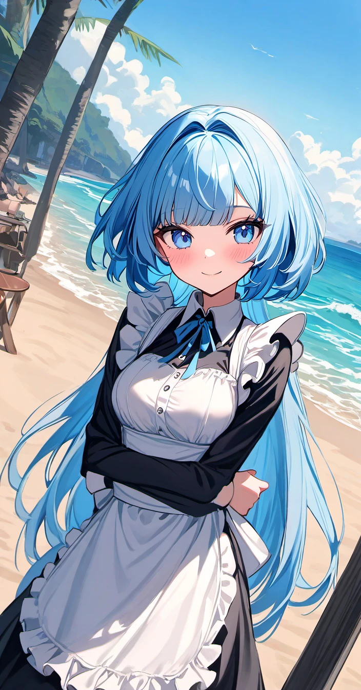 <lora:kuragecut_v1:1> ,kuragecut,1girl,solo,long_hair,very long hair,outdoors,sunny,day,beach,standing,cowboy shot, blush,smile,bangs,breasts,medium_breasts,blue_hair,,blue eyes,maid, looking at viewer,bob cut,hair intakes,dutch_angle