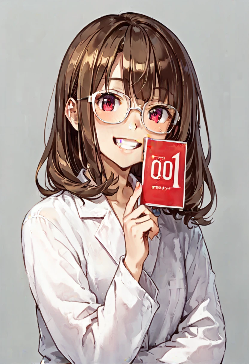 score_9, score_8_up, score_7_up, rating_safe, masterpiece, best quality, absurdres, unity 8k wallpaper, official art, official style, source_anime, game cg, megami magazine, glasses,
okamoto001, condom box, still life, 1girl, smile, brown hair, holding, teeth, upper body, looking at viewer, long sleeves, bangs, shirt, simple background, white shirt, grey background, 
 <lora:okamoto001_PONY_V2:1>