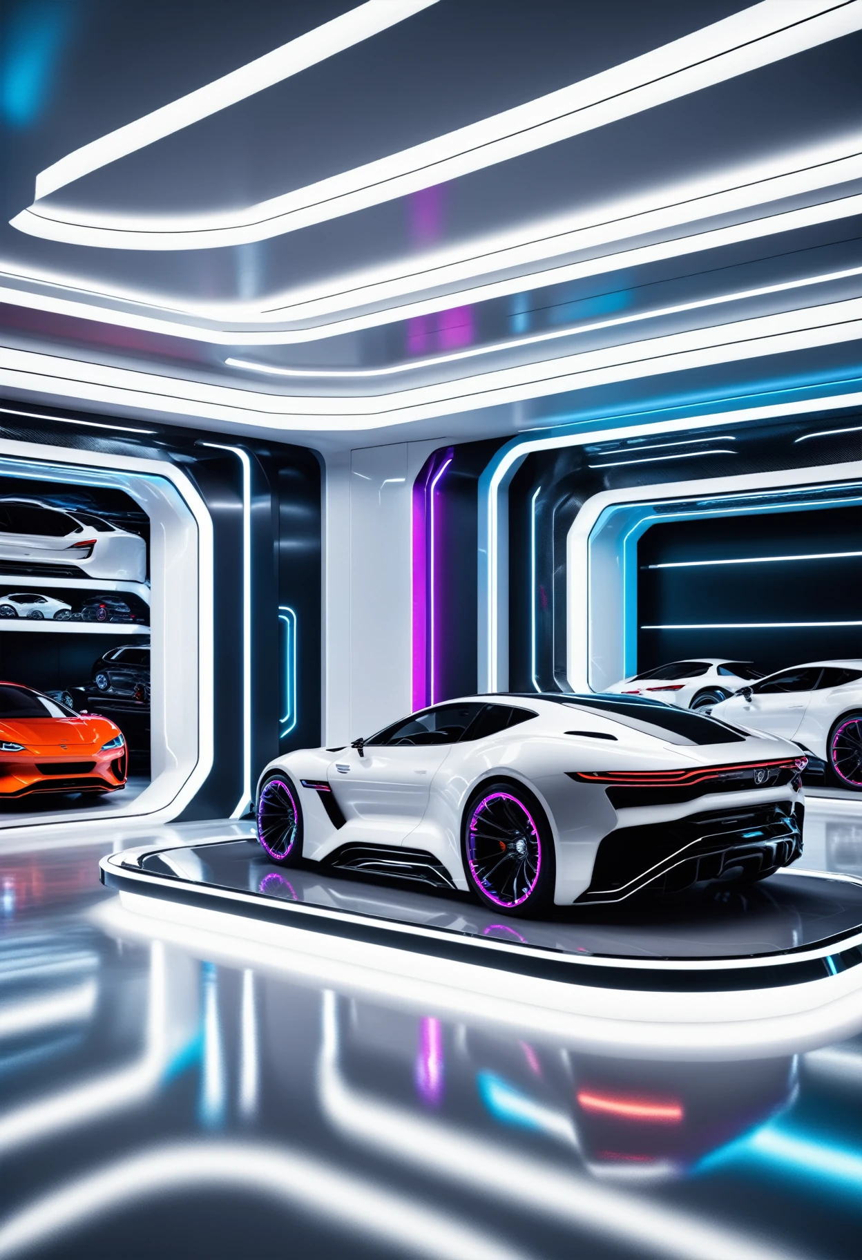 a futuristic garage filled with cars , beautiful detailed, rich deep colors, beautiful, highly detailed, Jed-FutInt,  <lora:FuturisticInteriorStyle:0.7>