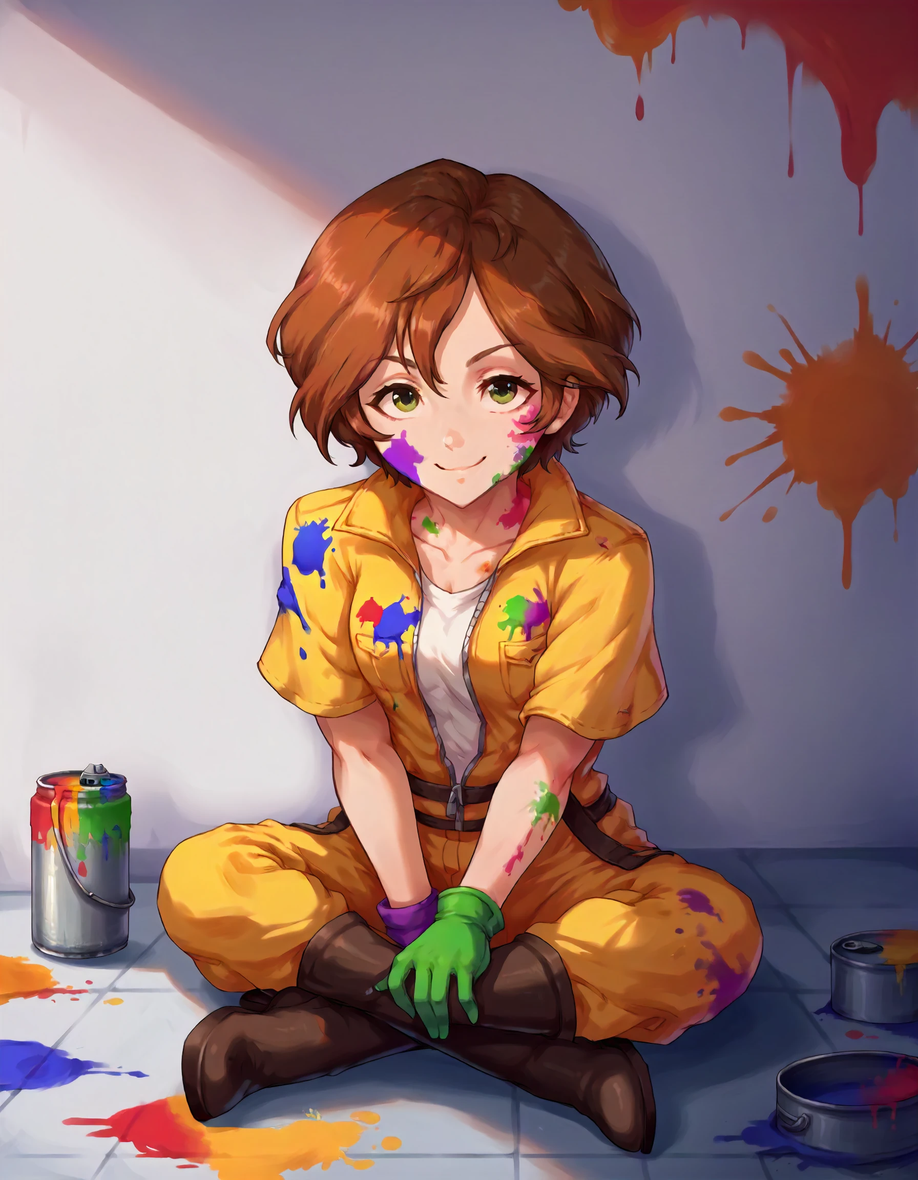 score_9,score_8_up,score_7_up,1girl,solo,sitting on floor,arms between legs,crossed legs,looking up,satisfied smile,front view,paint splatter,painted wall,paint can,paint stains,art brush,
<lora:yoshiokasaki_ponyXLV6:0.8>,cgys,ysha,brown hair,short hair,wavy hair,green eyes,jumpsuit,work
gloves,long boots