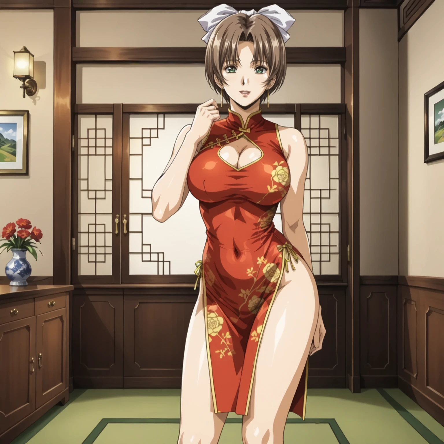 <lora:FI_JaneXLpony001>,
solo,smile,parted lips,looking at viewer,
Jane,1girl,brown hair,hair ribbon,short hair,earrings,green eyes,
large breasts,
indoors,
full body,standing,
print_cheongsam,