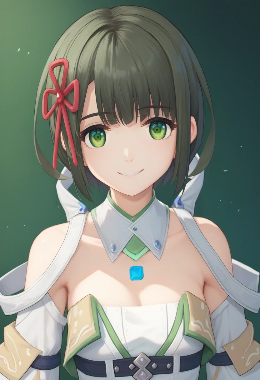 score_9, score_8_up, score_7_up, 1girl, solo, portrait, upper body, offseer, detached collar, white dress, wide sleeves, chest jewel, short hair, hair ribbon, green eyes, miyabi, simple background <lora:miyabi xl 010 fro 99:1>