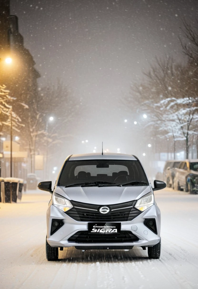 high resolution, best quality, Car, Daihatsu Sigra, Snowy night, city streets, festive,