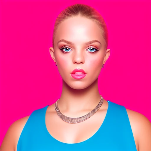 rrapp,  professional portrait of 1girl in a blue top, pink lipgloss, youthful, pretty face, necklace, face details, looking at viewer, lips parted (neon orange background), sharp focus