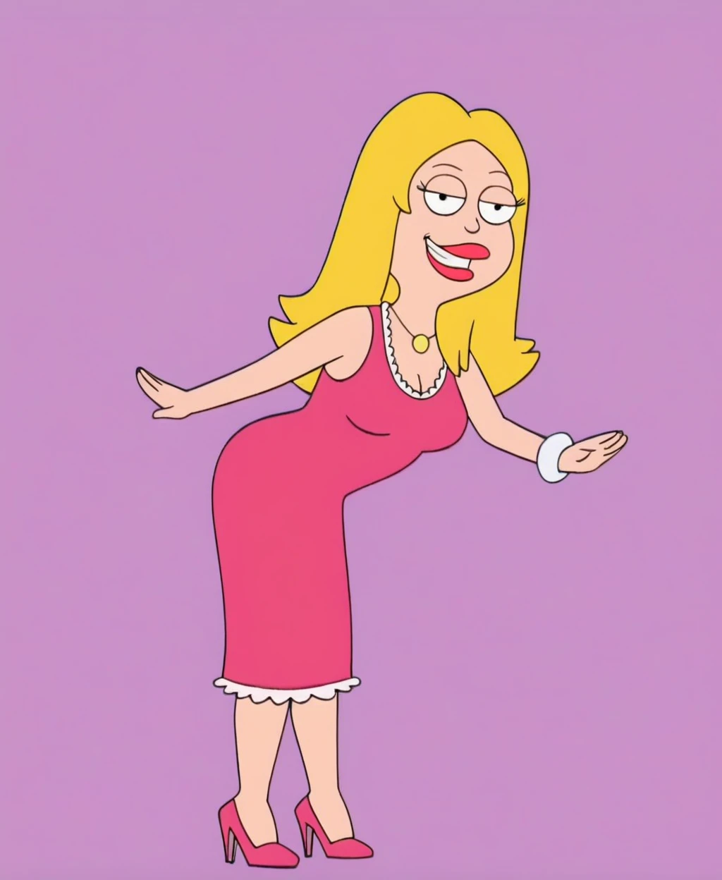 anime screencap, ADFranny, 1girl, solo, blonde hair, high heels, jewelry, pink dress, pink dress, necklace, breasts, parody, lipstick, long hair, cleavage, looking at viewer, half-closed eyes, smile, simple background, being spanked
<lora:American Dad Francine Smith_epoch_10:1>