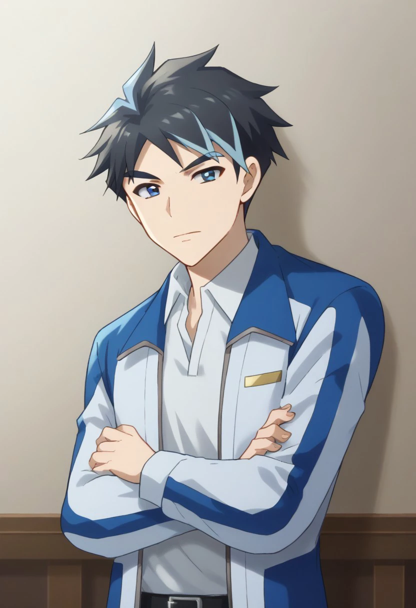 score_9, score_8_up, score_7_up, source_anime, highly detailed, 
ryuji_z, 1boy, solo, male focus, blue eyes, streaked hair, black hair, multicolored hair, blue hair, shirt, white shirt, collared shirt, blue jacket, belt, pants, crossed arms, upper body,
indoor, control center, screens,