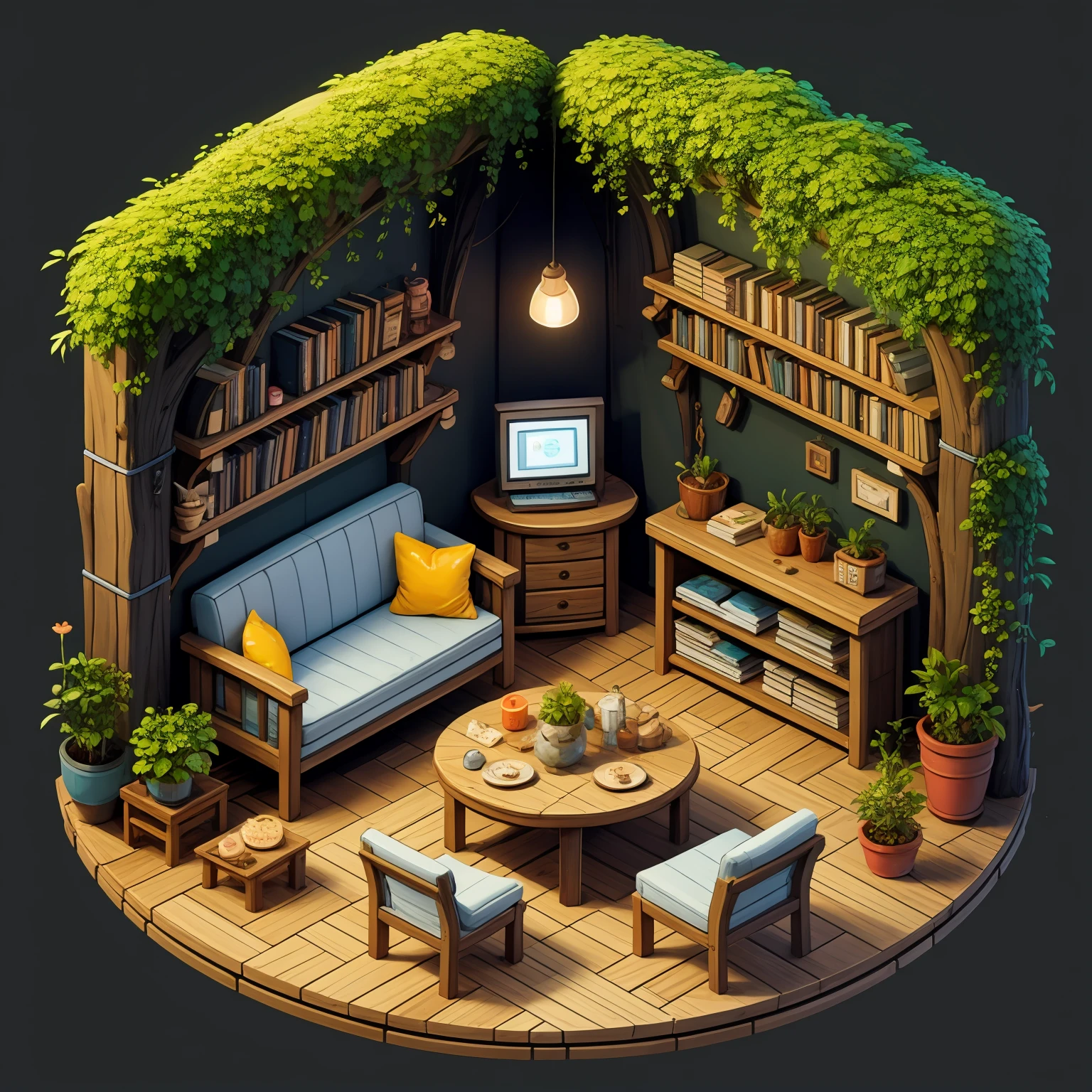 HEZI, game scene, Indoor scene, 45 degree scene, Cute style, bookshelf, book, plant, wooden floor, chair, no humans, scenery, potted plant, table, ladder, desk, stairs, loaded interior, pillow, rug, clock, indoors, black background, bed, cup, bird, lamp, water, candle, shelf, couch, treasure chest, stuffed toy, window, cabinet, door, simple background, fish, book stack, lily pad, plate