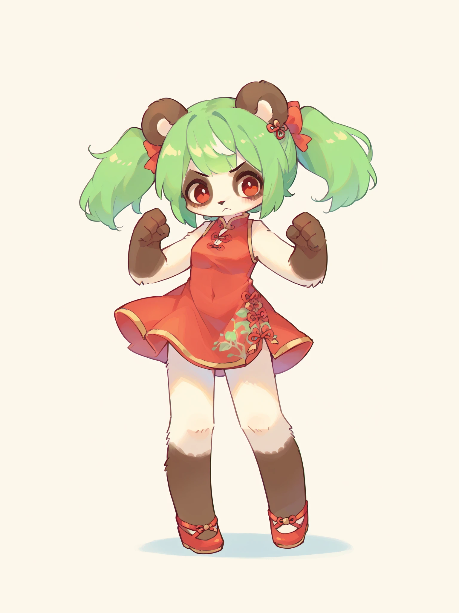 score_9, score_8_up, score_7_up, score_6_up, score_5_up, score_4_up, source_furry, source_anime, rating_safe, embedding:zPDXL2,
furry, kemono, 1girl, panda girl, panda, green hair, red cheongsam, fighting stance, simple background, full body, standing, twintails, red eyes, hands up,