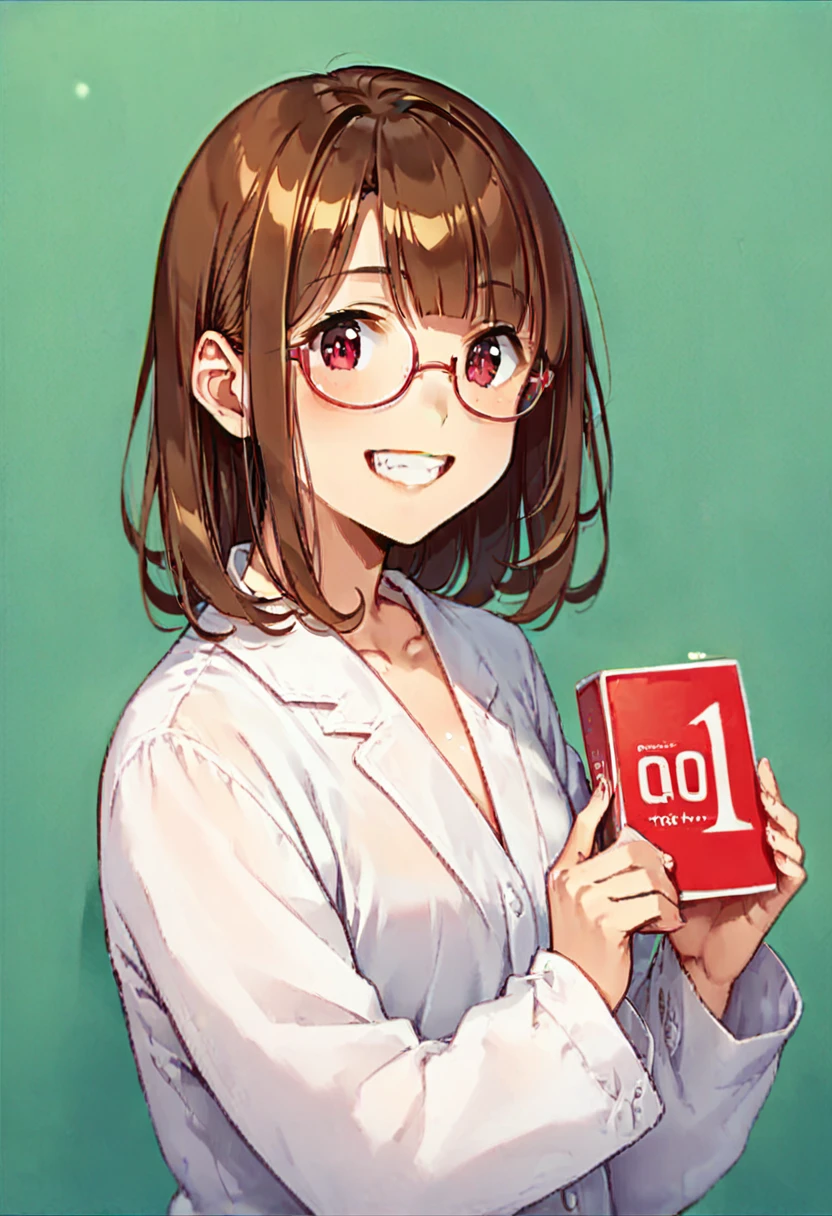 score_9, score_8_up, score_7_up, rating_safe, masterpiece, best quality, absurdres, unity 8k wallpaper, official art, official style, source_anime, game cg, megami magazine, glasses,
okamoto001, condom box, still life, 1girl, smile, brown hair, holding, teeth, upper body, green background, looking at viewer, long sleeves, bangs, shirt, simple background, white shirt
 <lora:okamoto001_PONY_V2:1>