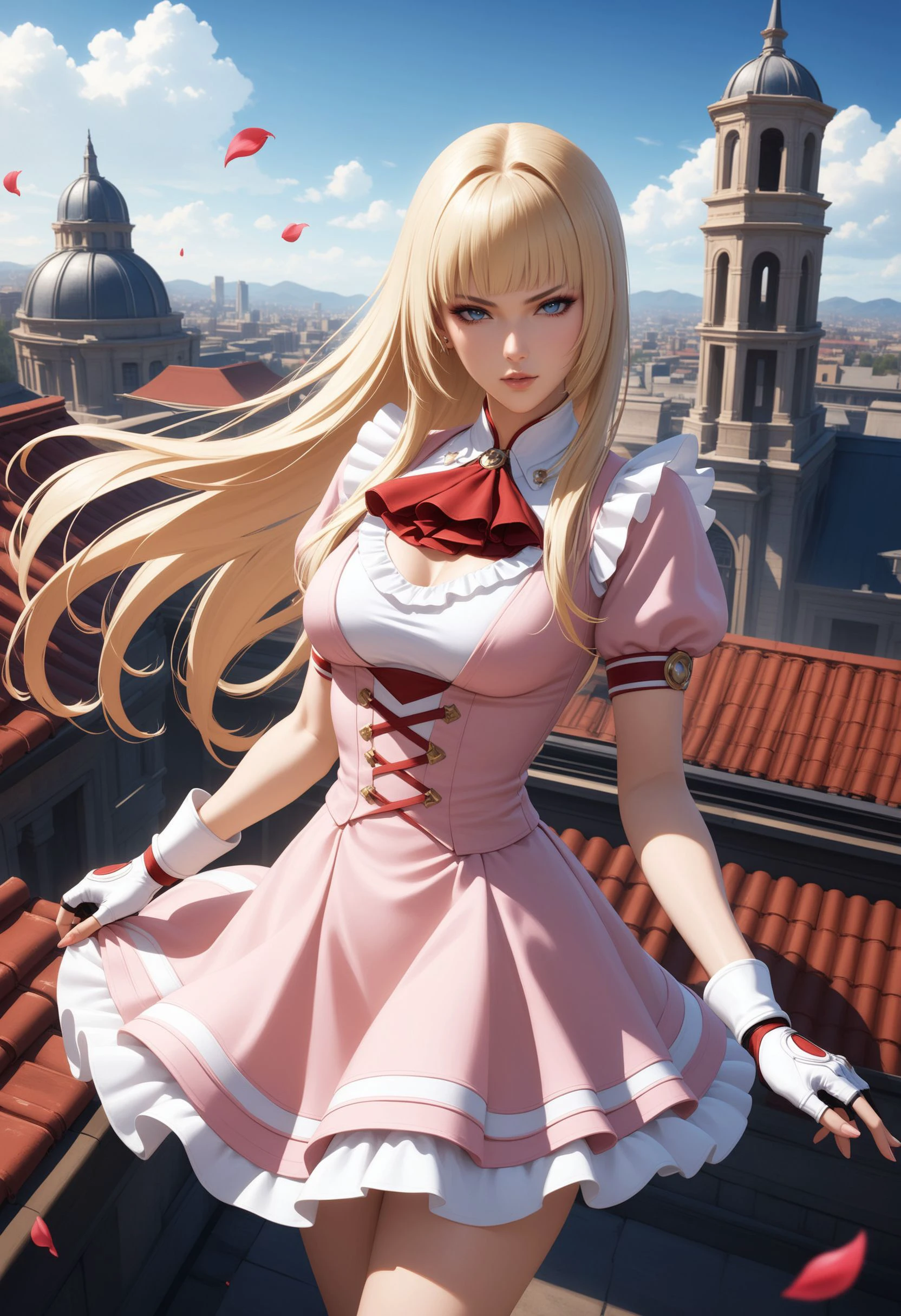 masterpiece, best quality, very aesthetic, absurdres,
1girl, lili \(tekken\), tekken, long hair, blonde hair, blue eyes, pink dress, frilled dress, fingerless gloves, red ascot, layered ascot, red trim, puffy short sleeves, petals, sparkle, frills, looking at viewer, outdoors, building, rooftop, knee boots, high heels,
