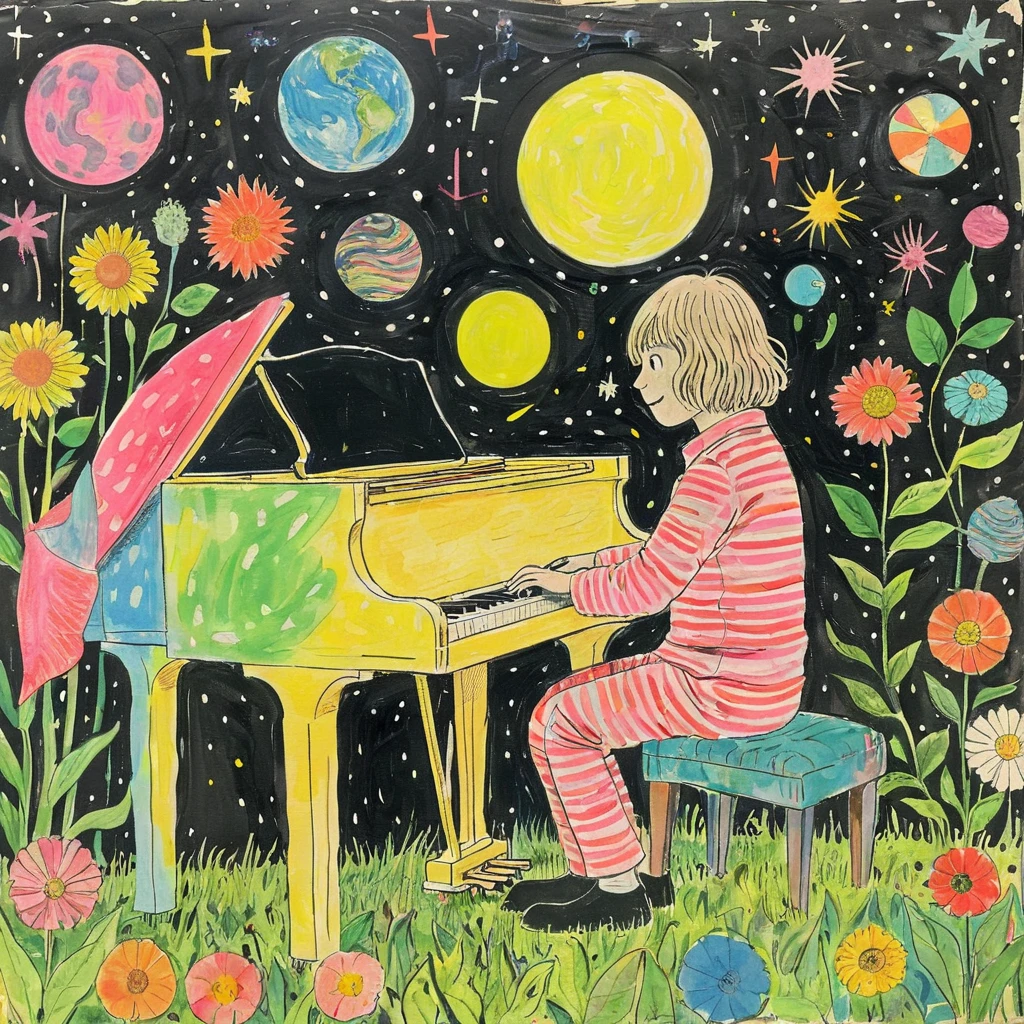 <lora:Psychedelic Vibes - Trigger with Psychvibes Artstyle:1> in a film about a musician on tour. He's seen playing the piano, surrounded by adoring fans. He's about to give a legendary performance. , psychvibes artstyle