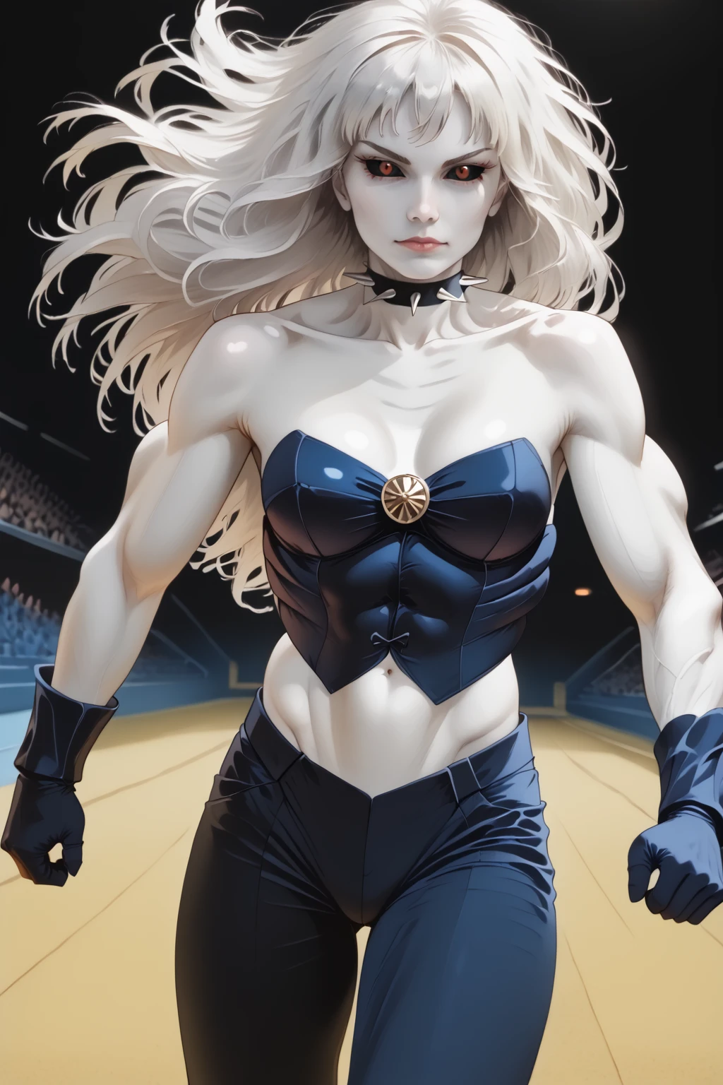 score_9,<lora:La_Lunatica_PDXL_spamb0t:0.8>,Marvel_La_Lunatica,(long white hair,white skin,red eyes,black sclera:1.4)
BREAK [SEP] dark blue corset,dark blue pants,spiked choker,bare shoulders,collarbone,navel,muscular female
BREAK [SEP] abstract background,looking at viewer
BREAK [SEP] high quality,film grain,cowboy shot,seen from behind
BREAK [SEP] (hyper detail,insanely detailed,best quality,masterpiece,photorealistic:1.4)