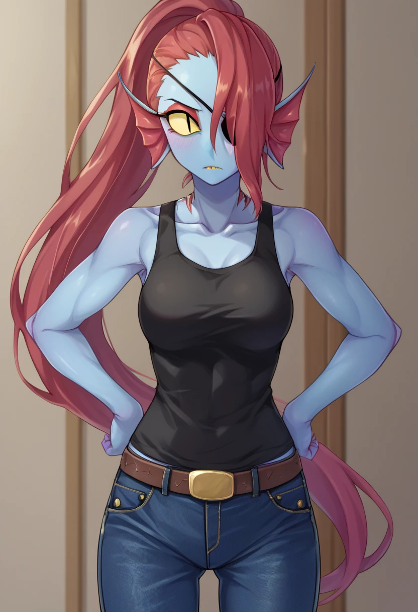 score_9,score_8_up,score_7_up BREAK <lora:undyne:1>,UndyneSDXL,1girl,solo,long hair,shirt,bare shoulders,ponytail,red hair,sleeveless,belt,pants,hair over one eye,colored skin,eyepatch,tank top,denim,monster girl,slit pupils,colored sclera,jeans,blue skin,head fins,black tank top,yellow sclera,cowboy shot,room,room background,