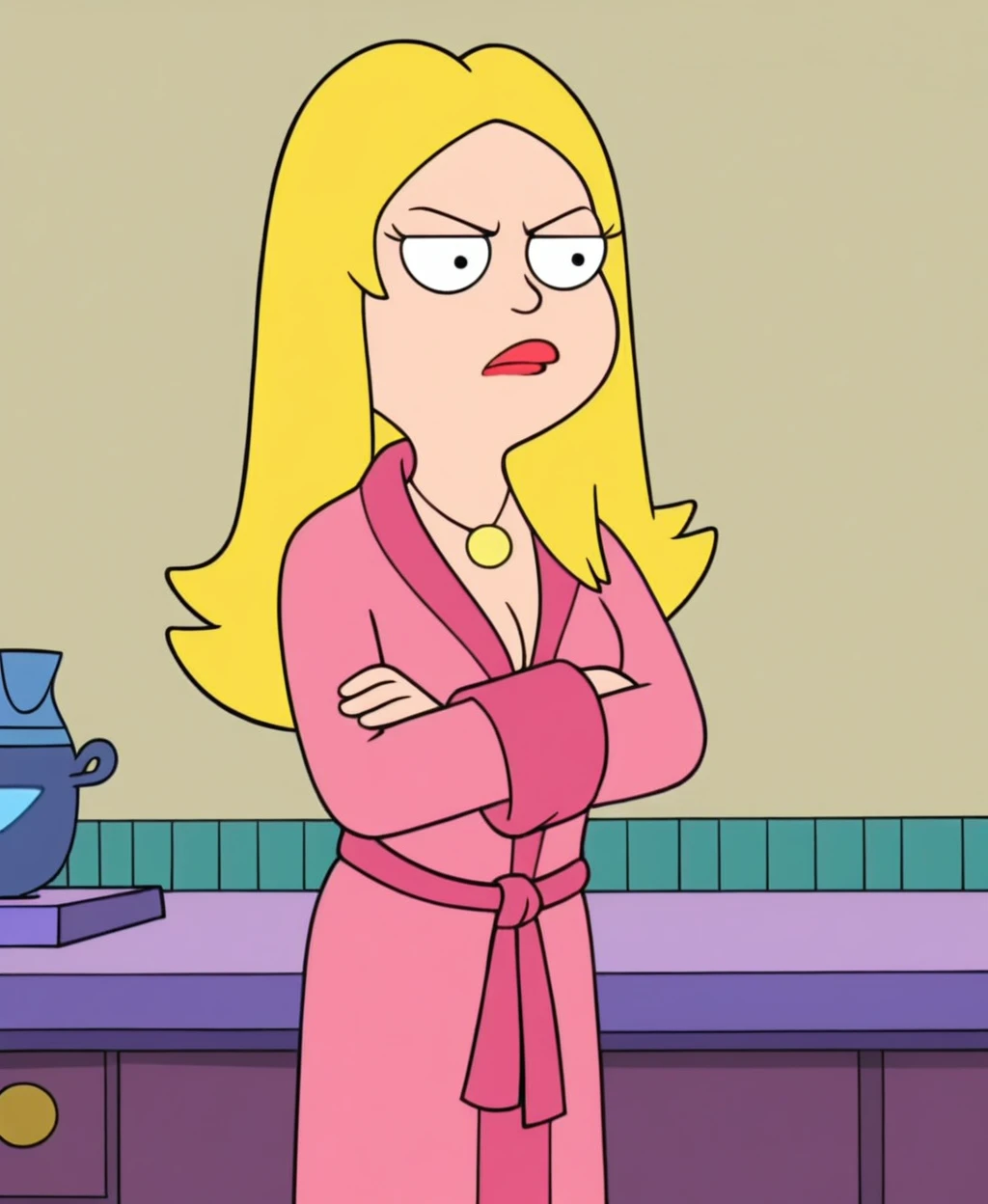 anime screencap, ADFranny, 1girl, solo, blonde hair, indoors, long hair, jewelry, necklace, standing, pink robe, arms crossed, annoyed
<lora:American Dad Francine Smith_epoch_10:.8>