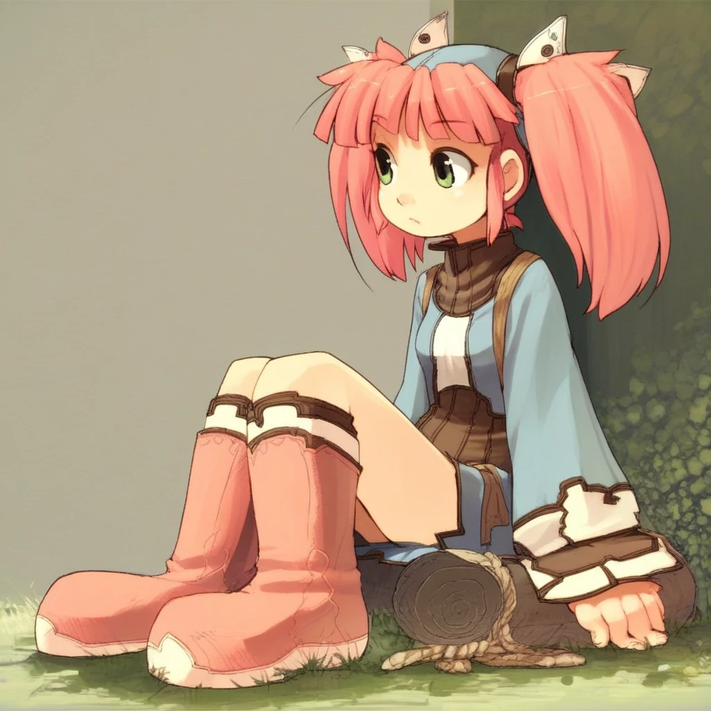 score_9, solo, Mint_ToF, pink hair, twintails, sitting, boots, adorable