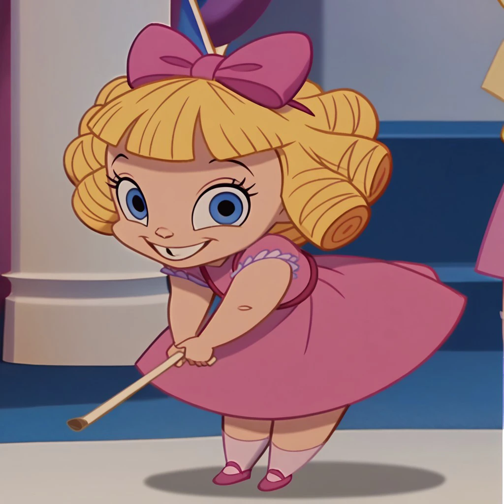 score_9, score_8_up, score_7_up BREAK DarlaD, 1girl, blonde hair, blonde ringlets, blunt bangs, blue eyes, pink bow, shortsleeved pink dress, light pink socks, socks, pink shoes, smiling at viewer, screenshot, official art, parody, cartoon footage, official design, screencap, on_model, on model, cartoon screenshot, official screenshot, 2d, cartoon, source_cartoon, on-model,