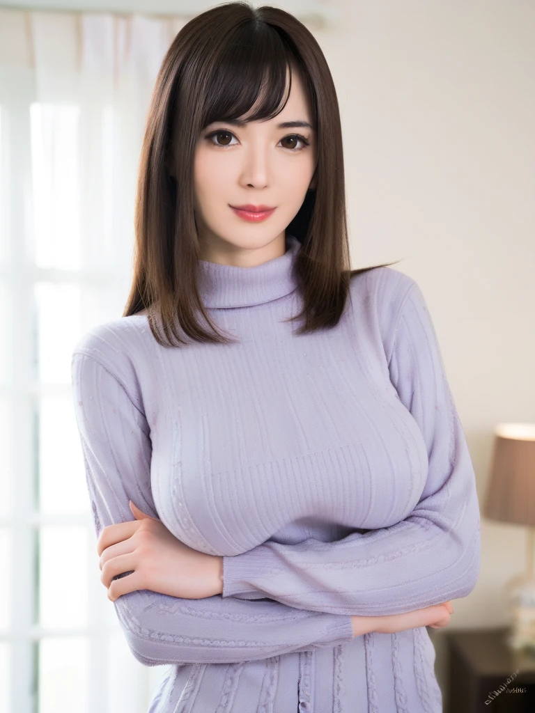 1lady, japanese, <lora:Honoka:0.8>HNK,sweater,busty,