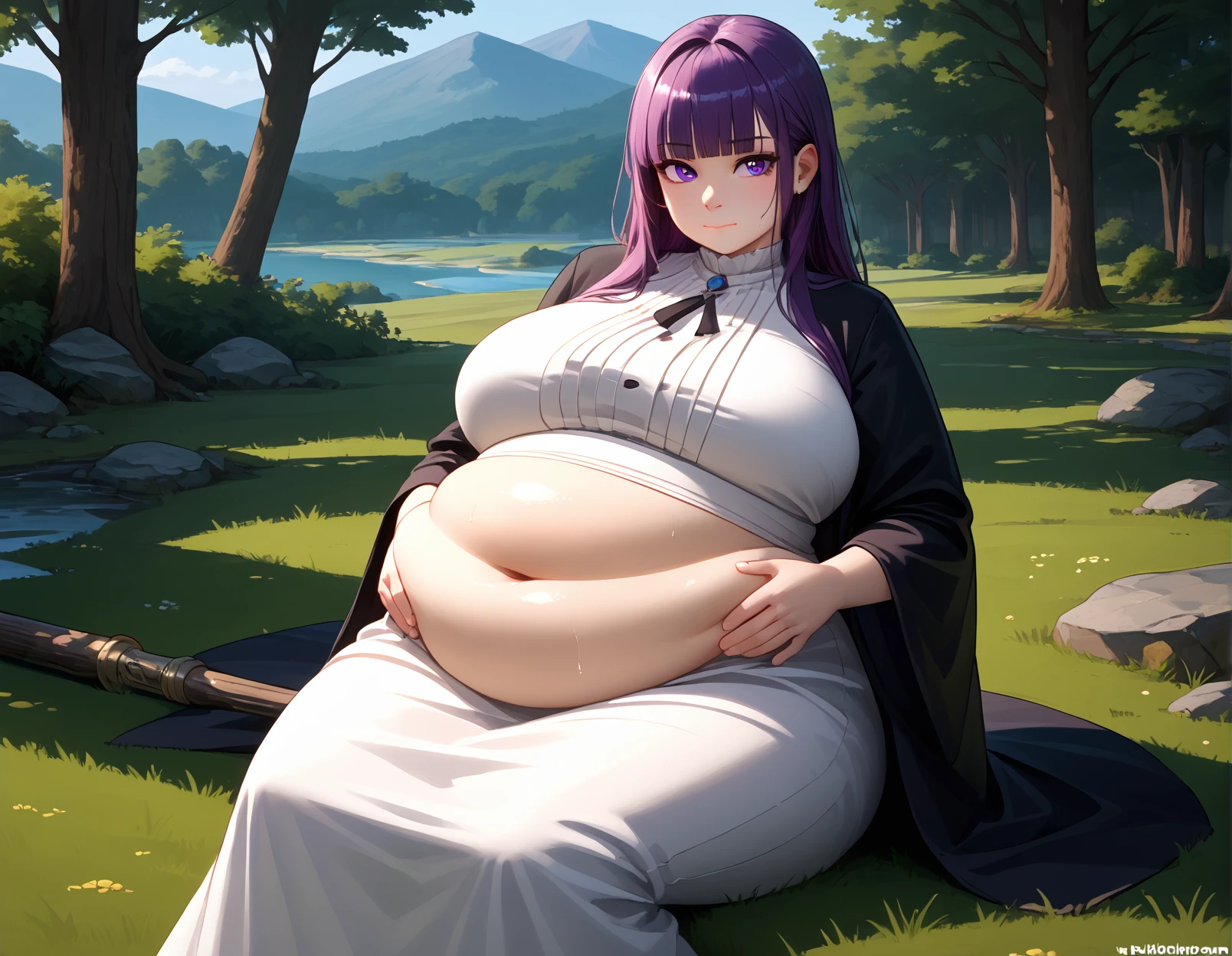 score_9, score_8_up, score_7_up, score_6_up, 1girl, solo, fat, aafern, large breasts, view from above, (:t, puffy cheeks:1.1), feet out of frame, BREAK purple hair, purple eyes, long hair, blunt bangs, long sidelocks, BREAK long dress, white dress, black robe, long sleeves, BREAK outdoors, sitting on grass, sitting on ground, back to a tree, tree shade, hand on own stomach, wooden staff, wooden magical staff, light sweating, shiny skin, fat belly, bloated stomach, bulging belly, deep navel, zPDXL2, WeightObese, <lora:ReFat:1>, <lora:fern_xl_(animagine)_v1:0.9>