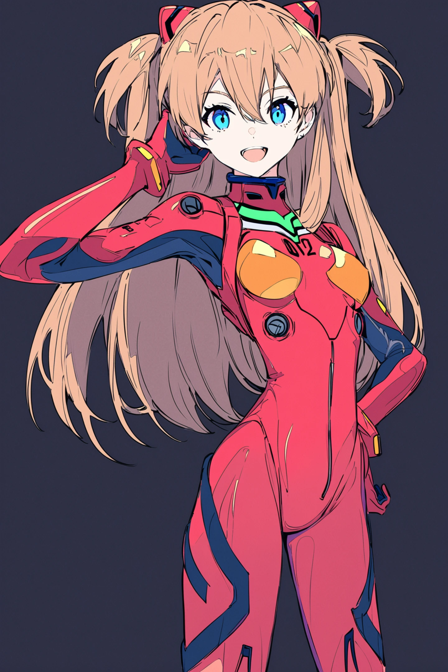 JiaoCha Style,
1girl,long hair,plugsuit,bodysuit,souryuu asuka langley,pilot suit,bracer,blue eyes,smile,breasts,bangs,turtleneck,solo,cowboy shot,:d,hair between eyes,gloves,red bodysuit,small breasts,looking at viewer,headgear,two side up,hand on hip,skinny,adjusting hair,narrow waist,standing,brown hair,science fiction,hand up,shiny clothes,hair ornament,happy,from side,shiny,skin tight,simple background,black background,