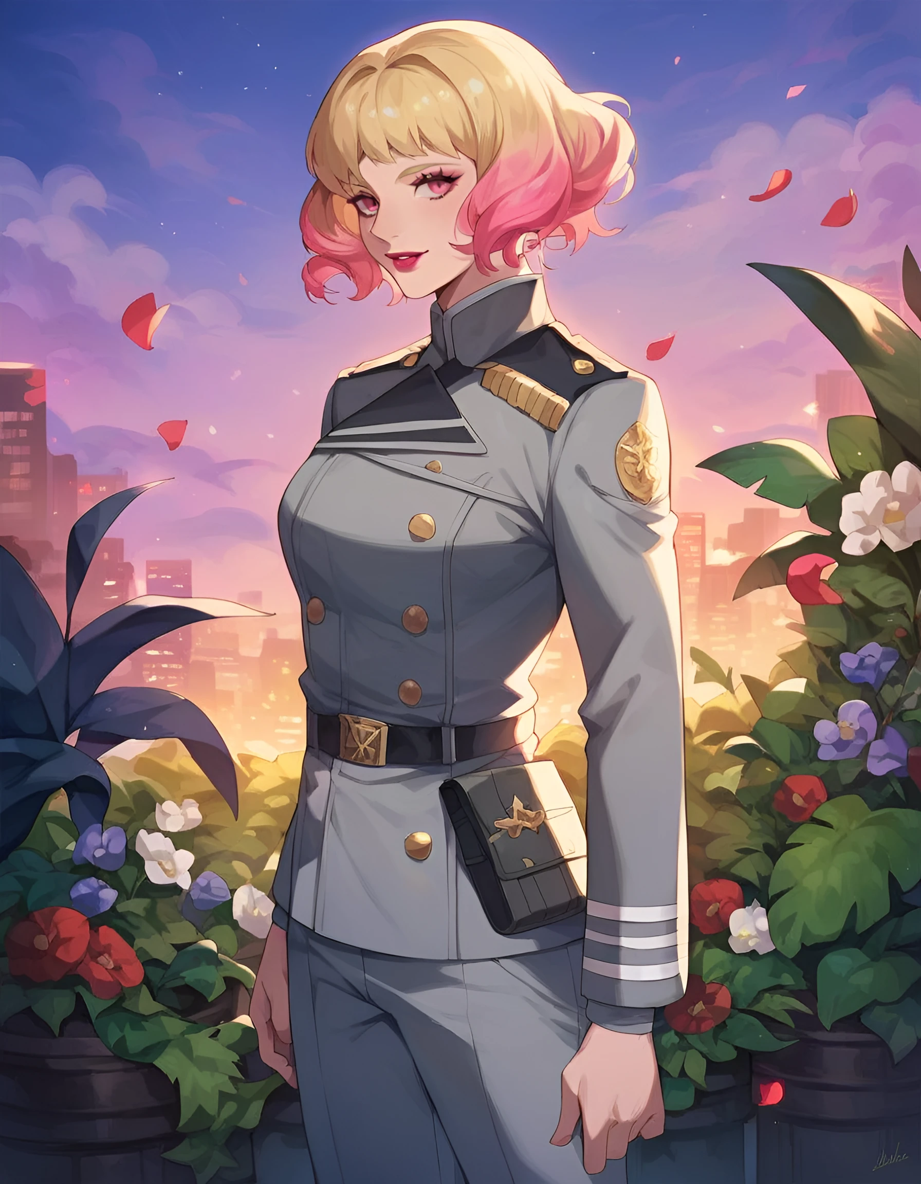 score_9, score_8_up, score_7_up, score_6_up, score_5_up, score_4_up, rating_safe, source_anime, sofia louis 1girl, solo, short hair, blonde hair, pink hair, multicolored hair, pink eyes, gradient hair, makeup, lipstick, pink eyes, bedroom,, blonde eyebrows,well drawn, plants, decorative, grey military uniform, outdoor, night city, pants,boots