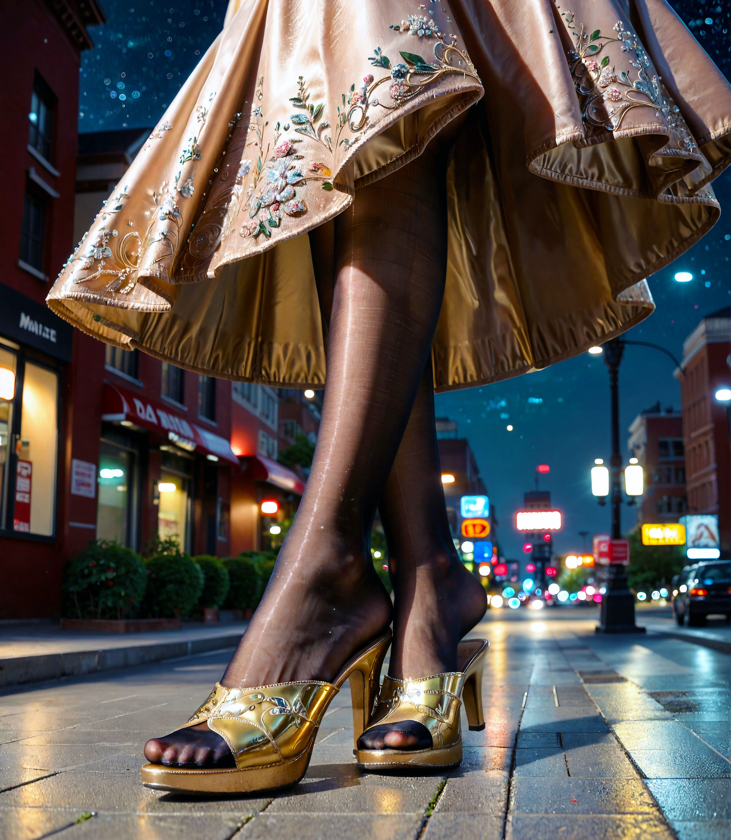 score_9, score_8_up, score_7_up,

a woman walking, big hair, very long hair, fluttering hair, detailed face, detailed eyes, 

(mules:1.1), (pantyhose:1.2), elegant maxi dress, shiny, glossy, golden footwear,

night, city, theater, (park:0.9), 

(low angle:1.2), from below, foot focus, from side, from slightly front, (close-up:0.9), bokeh, 16k, ultra details, dark enviroment, high contrast, city skyline, detailed shadows, stunning photorealistic background, bokeh,