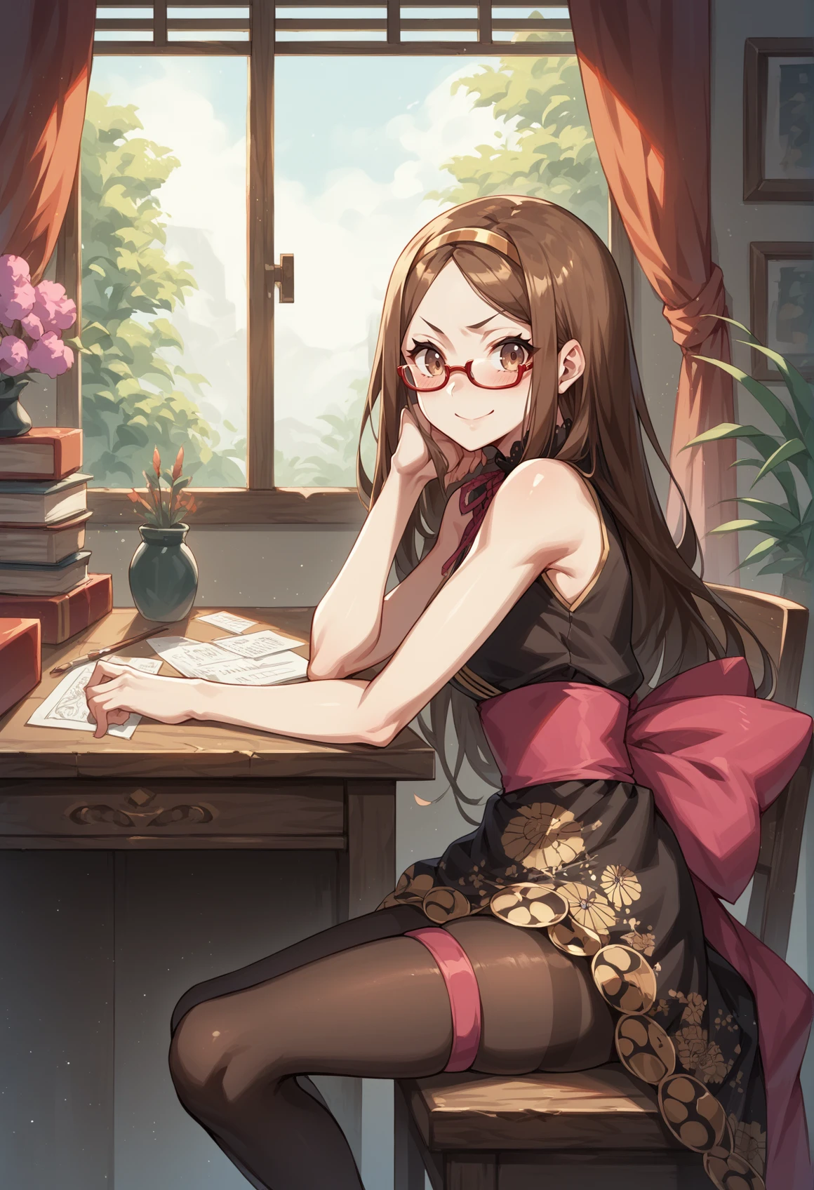 1girl, long hair, brown hair, brown eyes, forehead, hairband, dress, sleeveless, obi, thigh strap, pantyhose, sitting, indoors, desk, glasses, lookging at viewer, bedroom, from side, blushing, evil smile  <lora:Chacha:1>, score_9, score_8_up, score_7_up, score_6_up, score_5_up, score_4_up, BREAK source_anime, masterpiece