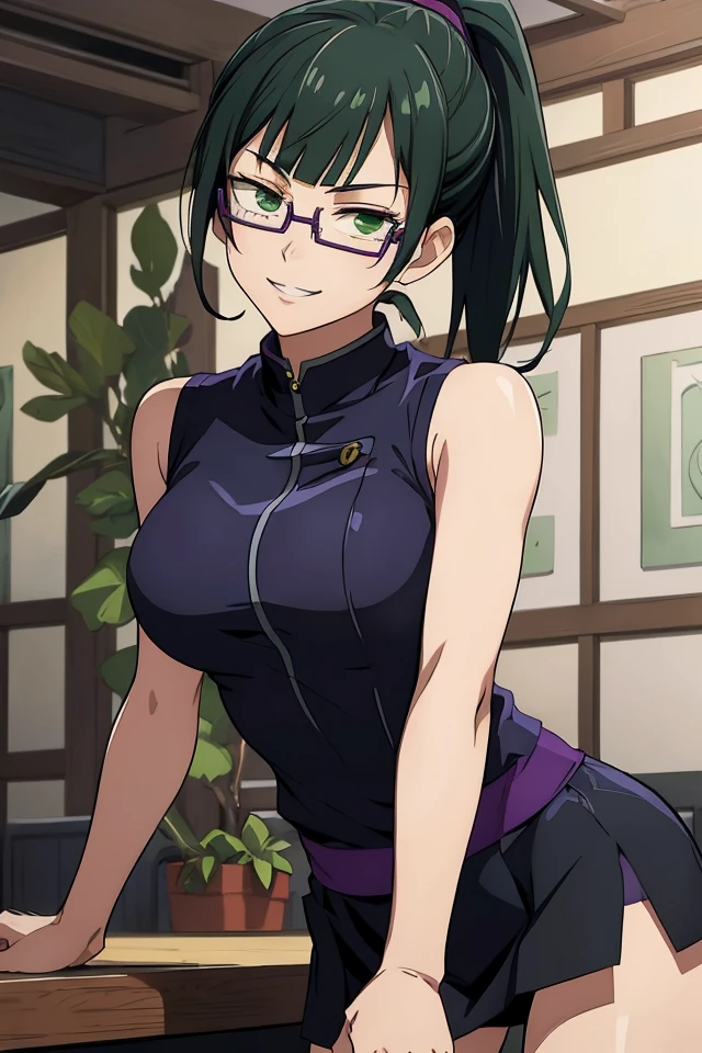 (JK_Maki_Zenin), glasses, solo, ponytail, 1girl, bangs, green eyes, black hair, blunt bangs, high ponytail, purple-framed eyewear, semi-rimless eyewear, smile, different actions, white tank top, black mini skirt,