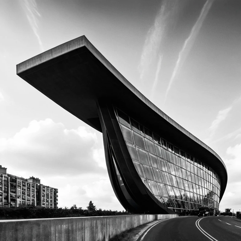 black & white, futuristic building with sweeping architectural curves and expansive glass panels, modernist style
