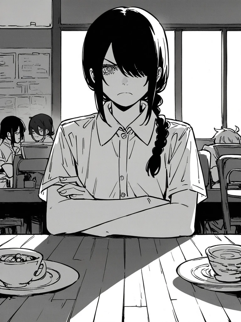 score_9, score_8_up, score_7_up,
1girl, nayuta csm, black hair, ringed eyes, single braid, hair over one eye, monochrome,
pov, sitting, across table, cafe, white shirt, collared shirt, short sleeves, frown, looking at viewer, crossed arms,
