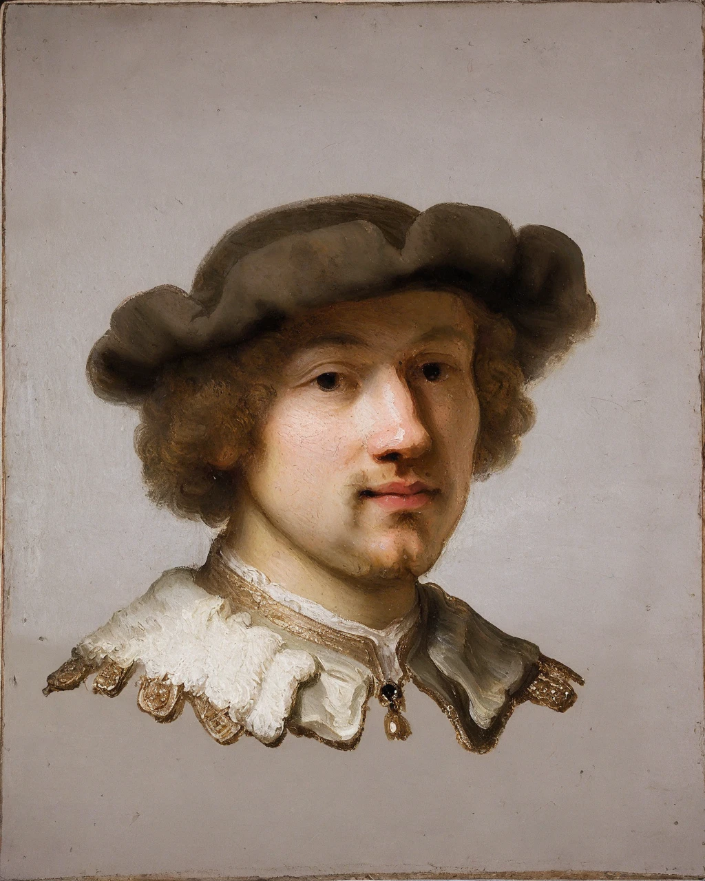 Baroque, Rembrandt,
The image appears to be a classic portrait painting, possibly from the Baroque or Renaissance period. The subject is a young man, possibly from the 1th to 17th century, given the style and attire. He wears a dark hat, a white shirt, and a metallic collar. The background is muted, emphasizing the subject. The artistic style is realistic with attention to detail, especially in the facial features and attire. The image quality is good, with a warm, earthy tone.