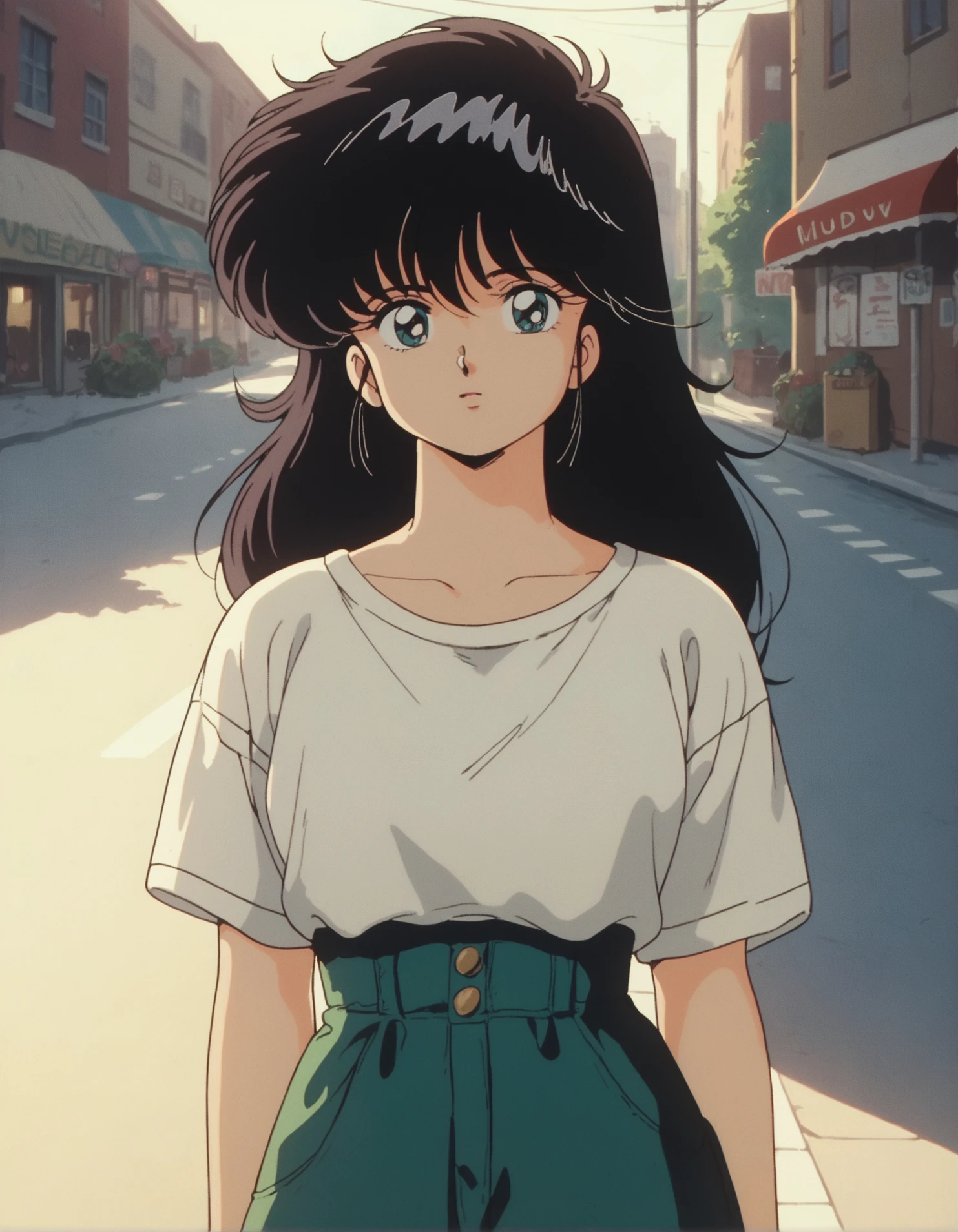 score_9, score_8_up, score_7_up,score_6_up,high resolution,digital art,mdk,1girl,solo,retro,black hair,long hair,,sunny,street,looking at viewer,volumetric lighting,depth of field,upper body,front view,standing