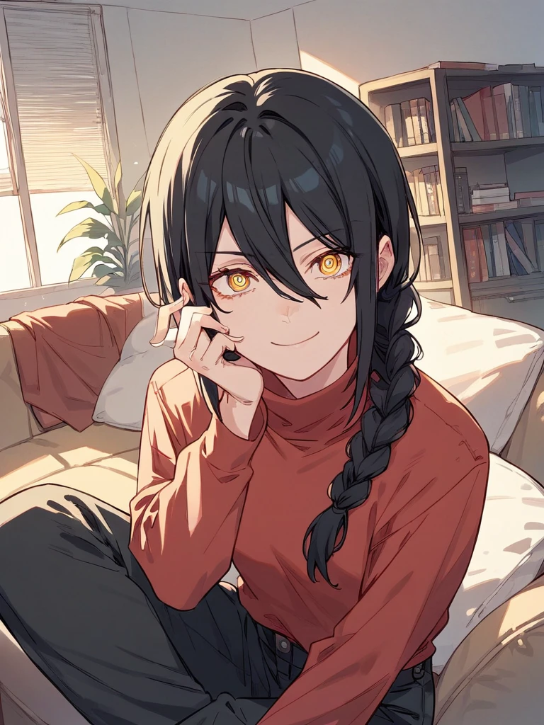 score_9, score_8_up, score_7_up,
1girl, nayuta csm, black hair, single braid, ringed eyes, hair between eyes, yellow eyes,
red shirt, turtleneck, long sleeves, black pants, looking at viewer, sitting, indoors, living room, on couch, smile,
