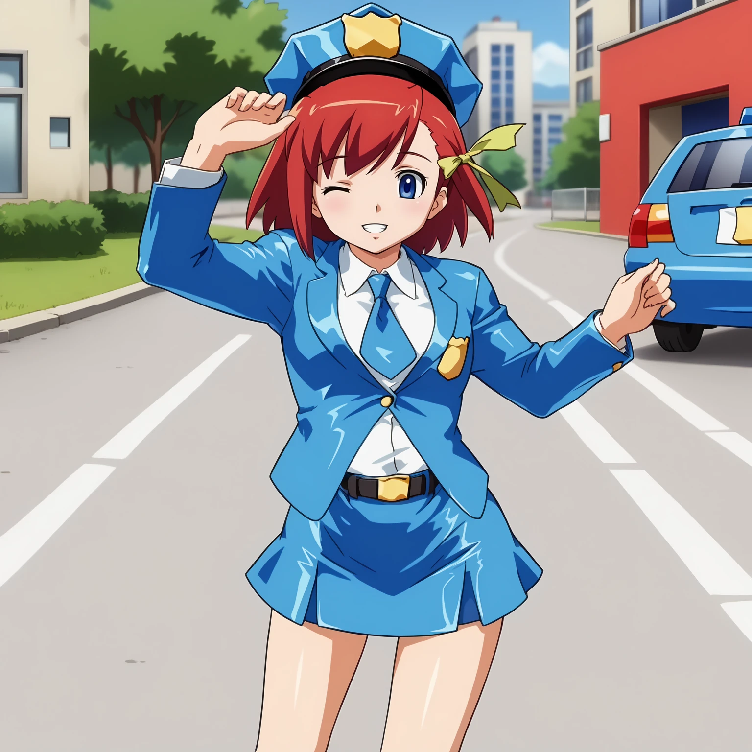 <lora:MSPAkaneXLpony001>,
parted lips,smile,one eye closed,
solo,
MSPAkane,1girl,red hair,short hair,hair ribbon,blue eyes,
police hat,
blue jacket,necktie,
belt,blue skirt,mini skirt,
outdoors,
standing,leaning_forward,