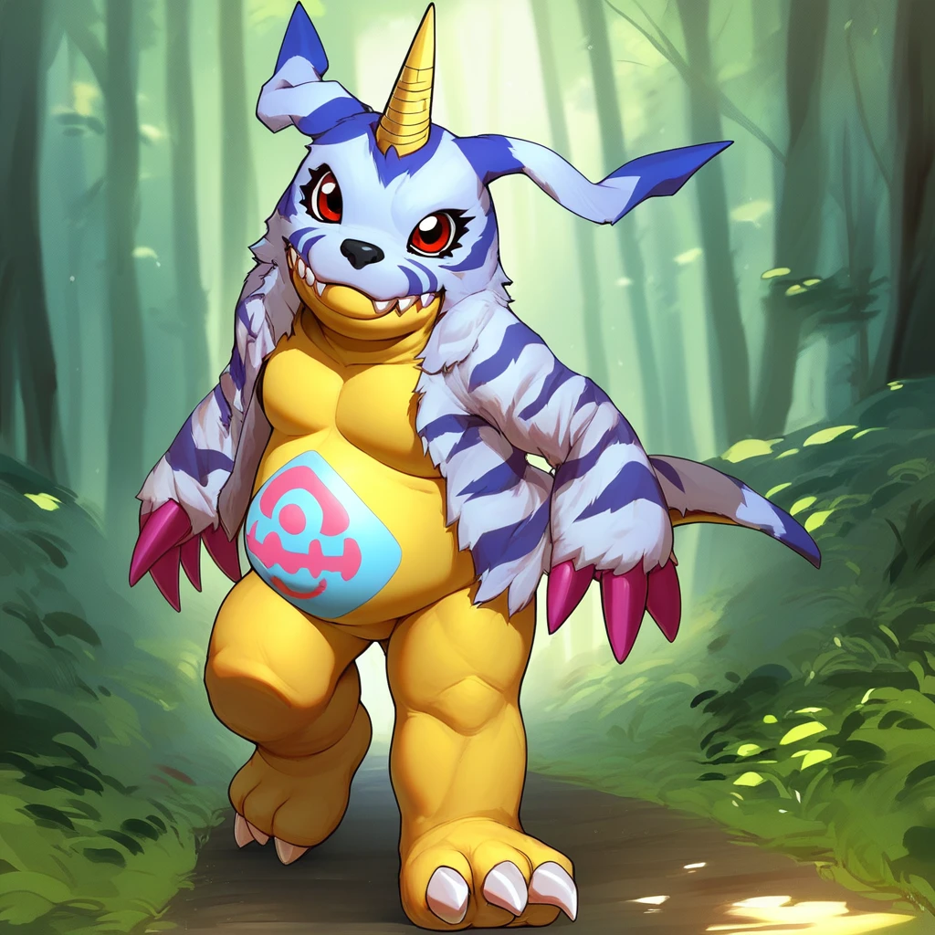 score_9, score_8_up, score_7_up, score_6_up, score_5_up, score_4_up, gabumon, digimon, single horn, claws, red eyes, sharp teeth, creature, monster, chubby, pudgy belly, blue and pink markings on belly, blue fur pelt, yellow body, three toes, outside, forest background, forest scenery, wandering in the forest, walking, looking at viewer, smiling